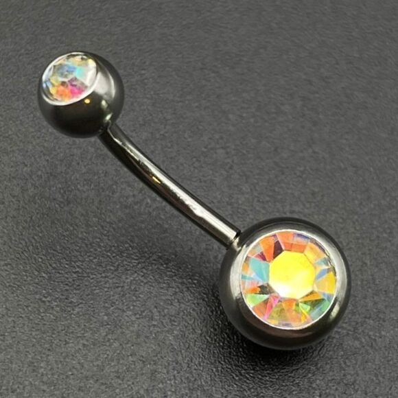 316L Stainless Steel with Iridescent AB Cubic Zirconia 14G Barbell Belly Ring - Picture 1 of 7
